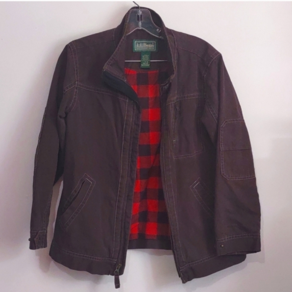 L.L Bean Vintage Leather Bomber Jacket Brown Coat With Red Plaid Lining Large